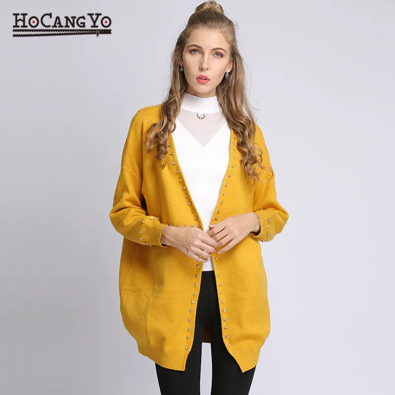 HCYO, Осень-зима, Модный женский свободный вязаный кардиган с длинным рукавом, Женский вязаный кардиган, Женский вязаный кардиган с бисером, pull femme