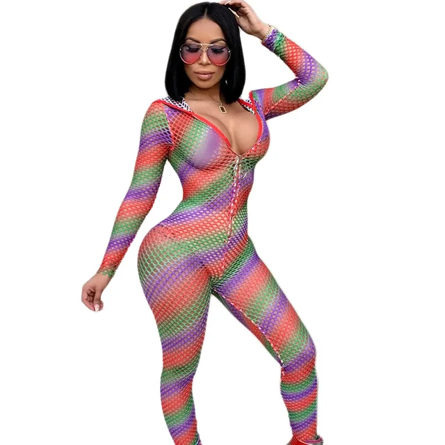 Transparent Sexy Jumpsuit Women Long Sleeve Zipper Front Hooded Hollow Out Sheer Mesh