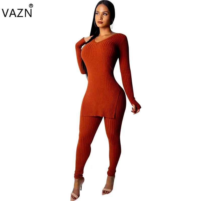 

VAZN Autumn Top Quality Casual Design 2018 Lady 2 Piece Set Solid O-Neck Full Sleeve Top Full Length Knit Lady Sim Set SMN8321