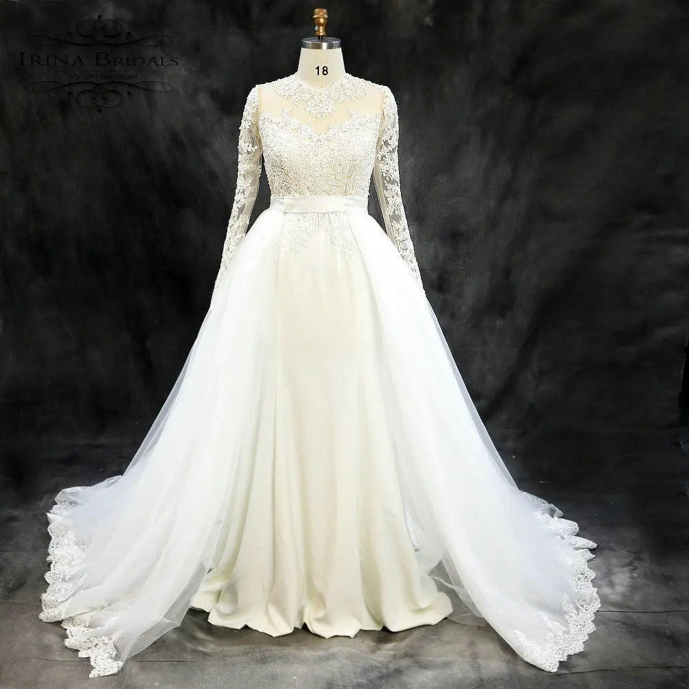 

bruidsjurk Long Sleeve Lace Appliqued Wedding Dress Detachable Train 2019