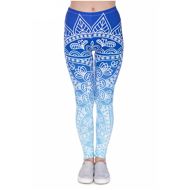 

Big White Sun Fower Print Blue Women Leggings High Elasticity Fitness Leggins Breathable Perspiration Quick Drying Running Pants