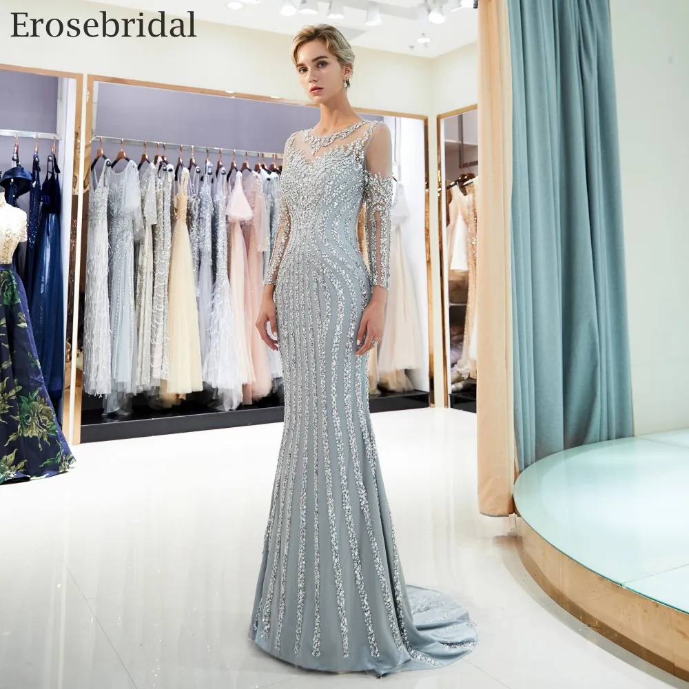 Erosebridal Русалка с длинным рукавом вечернее платье длинное сверкающие бусины с блестками официальная Женская одежда с коротким шлейфом серый цвет шампанского