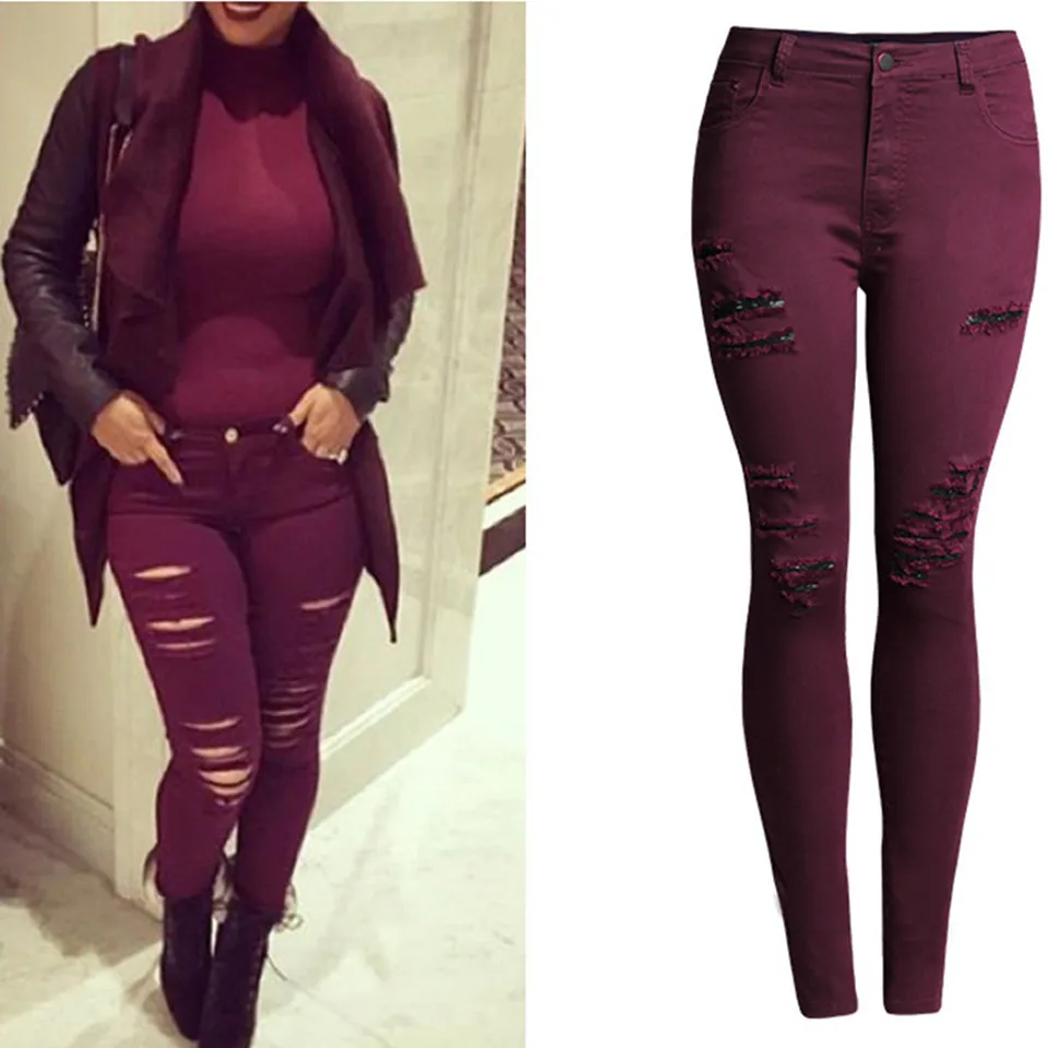 2016 New Arrival Women Jeans Hole Personality Pants Feet High Waist Jeans Full Length Elasticity Slim