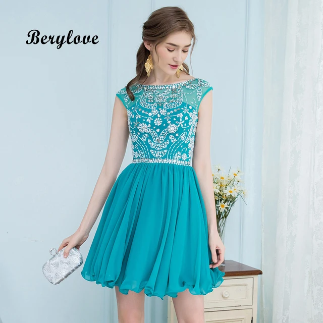 BeryLove Short Teal Dresses 2018 Mini Beaded Chiffon