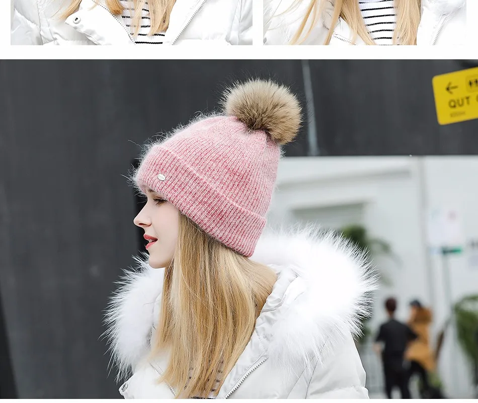 Зимние шапки для женщин вязаные женские шерстяные модные новые Меховые помпоны Высококачественная шапка куполообразная капот Femme# MZ824