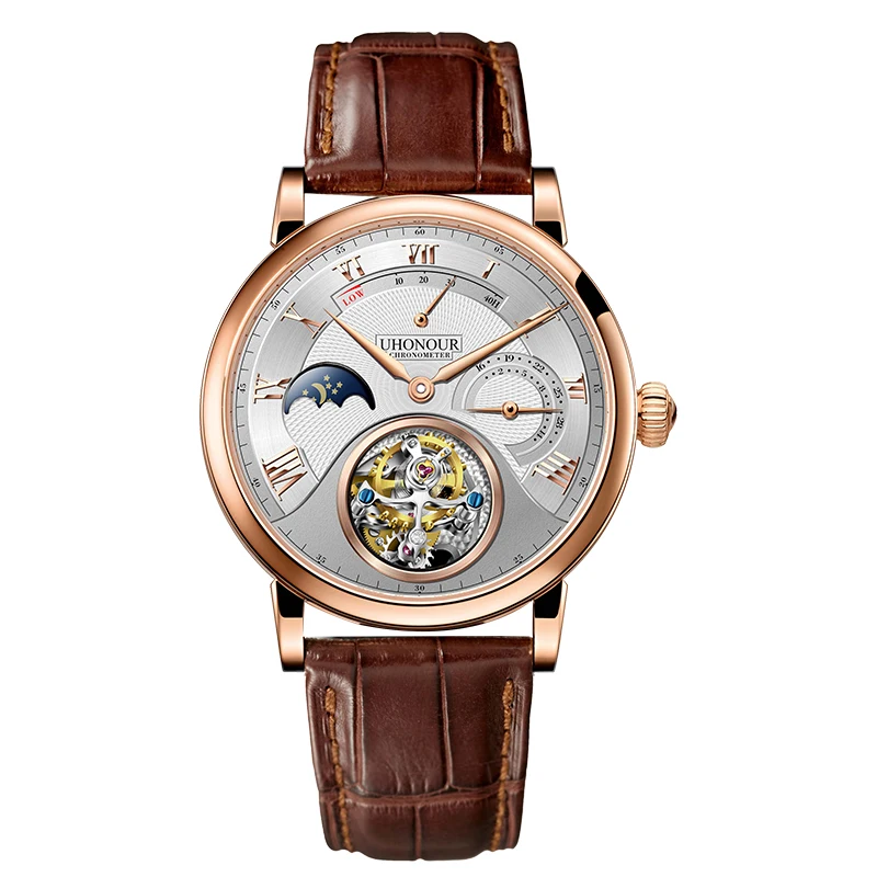Роскошные швейцарские механические часы, мужские настоящие турбийон ST8007, мужские наручные часы с Т-образным вырезом, календарь, Reloj de hombre - Цвет: Rose Gold Brown