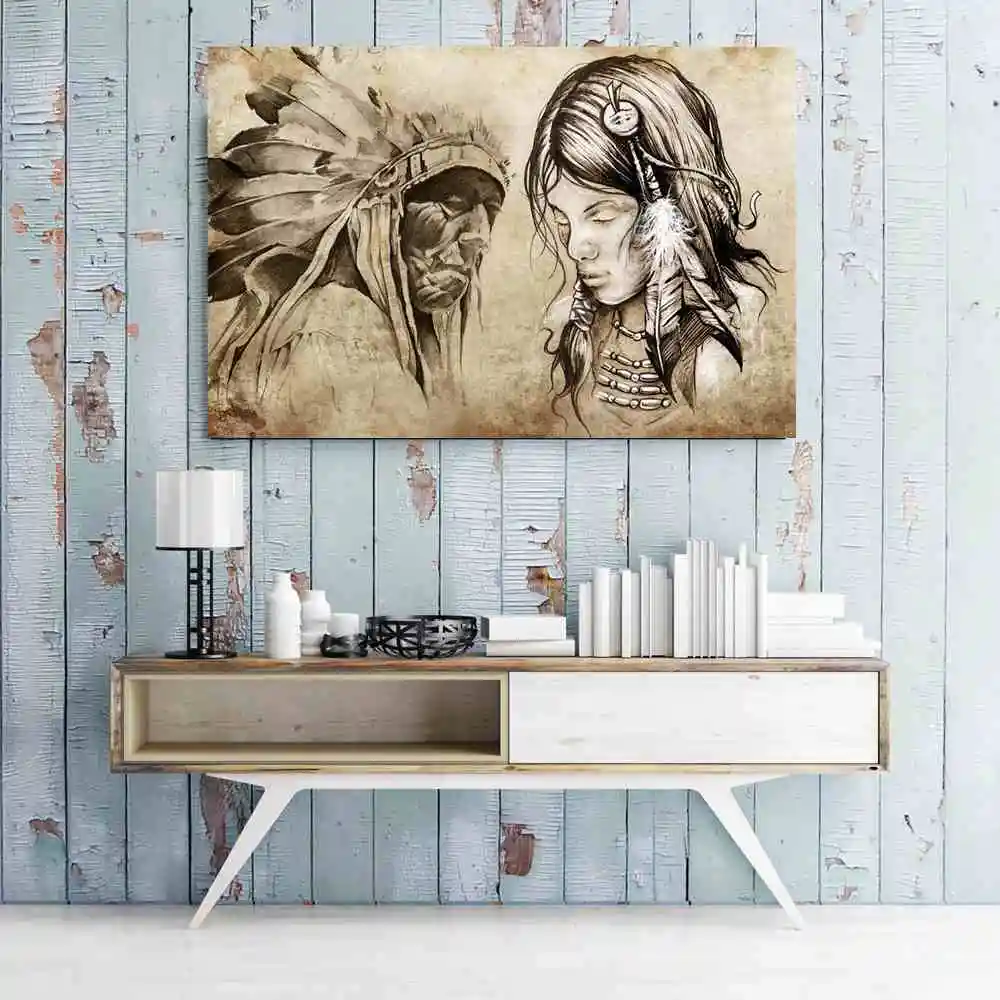 

Sketch Art Retro Painting Canvas Wall Art Printed Indian Girl Chief Portrait Poster Vintage Home Decor Woman Picture Wall Decor