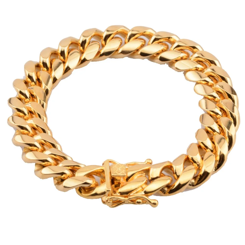 

14mm Men's Bracelet Buckle Gold Tone 316L Stainless Steel Curb Miami Chain Bracelet Jewelry 8.66"