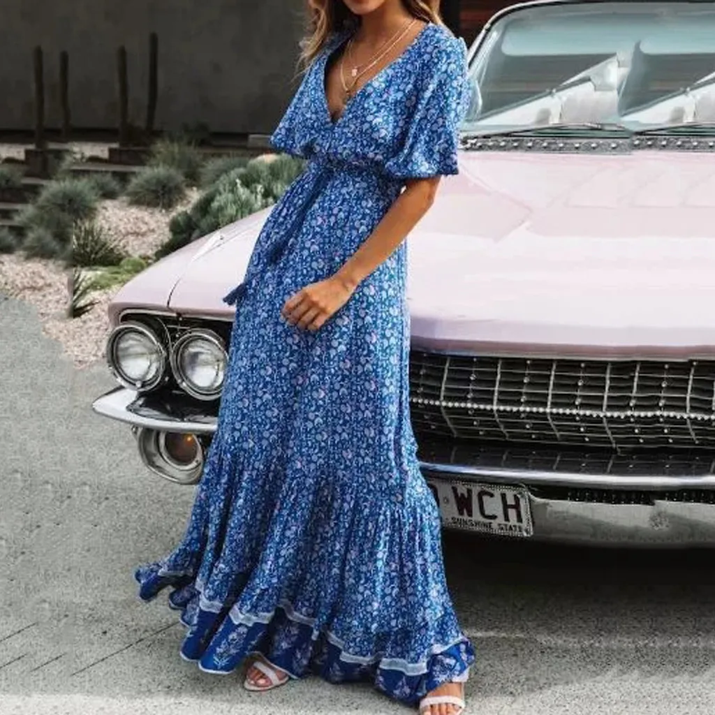 

Fashion Women Vestidos Deep V-Neck Short Sleeve Print Tassel Buttons Vintage Evening Party Dresses Sundress Dress Summer 2019