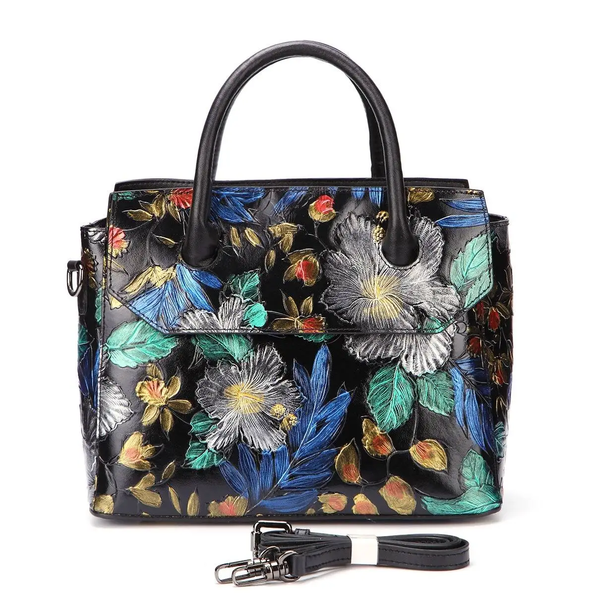 

Aequeen Vintage Women Genuine Leather Handbag Travel Female Shoulder Bags Ladies Casual Handle Bag Printing Flower Crossbody New