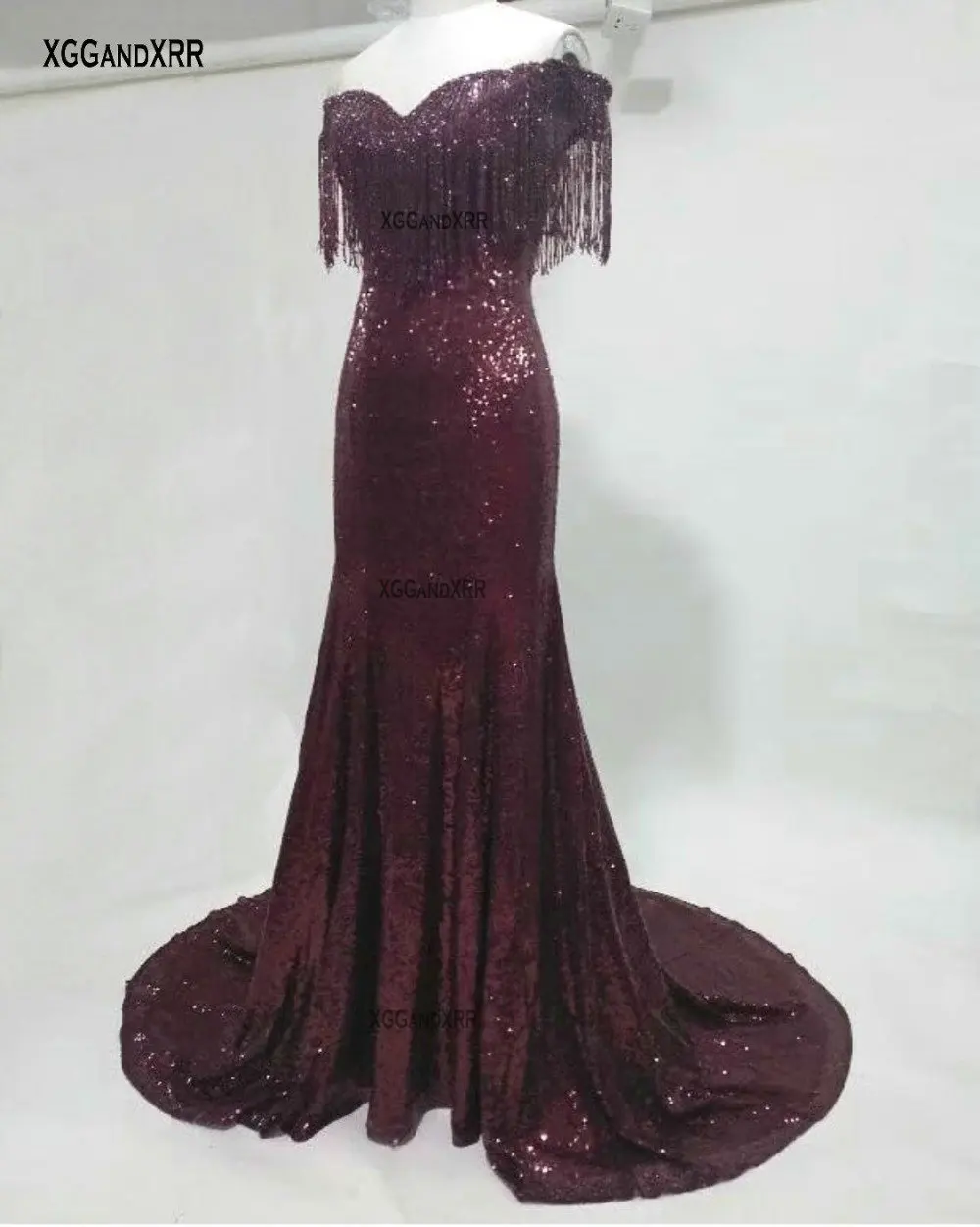 Элегантное бордовое длинное платье русалки для Матери платья невесты с кисточками с открытыми плечами, украшенное бисером, с открытой спиной, женское вечернее платье