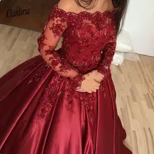 Пикантные бордовые темно красное платье Quinceanera платье с открытыми плечами кружевные цветы вышитые бисером Длинные рукава Сладкий 16 Платья для вечеринок большие Размеры