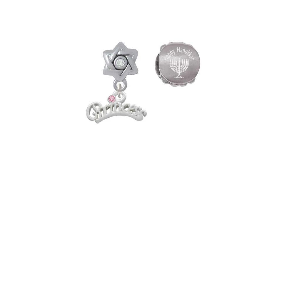 Princess with Pink Crystal Happy Hanukkah Charm Beads (Set of 2)