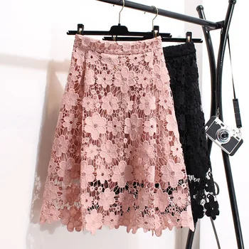 

Pink Black Lace Skirt Women Knee Length Saia Midi High Waist Skirt Faldas Mujer Summer Hollow Sexy A-Line Skirts Womens C4406