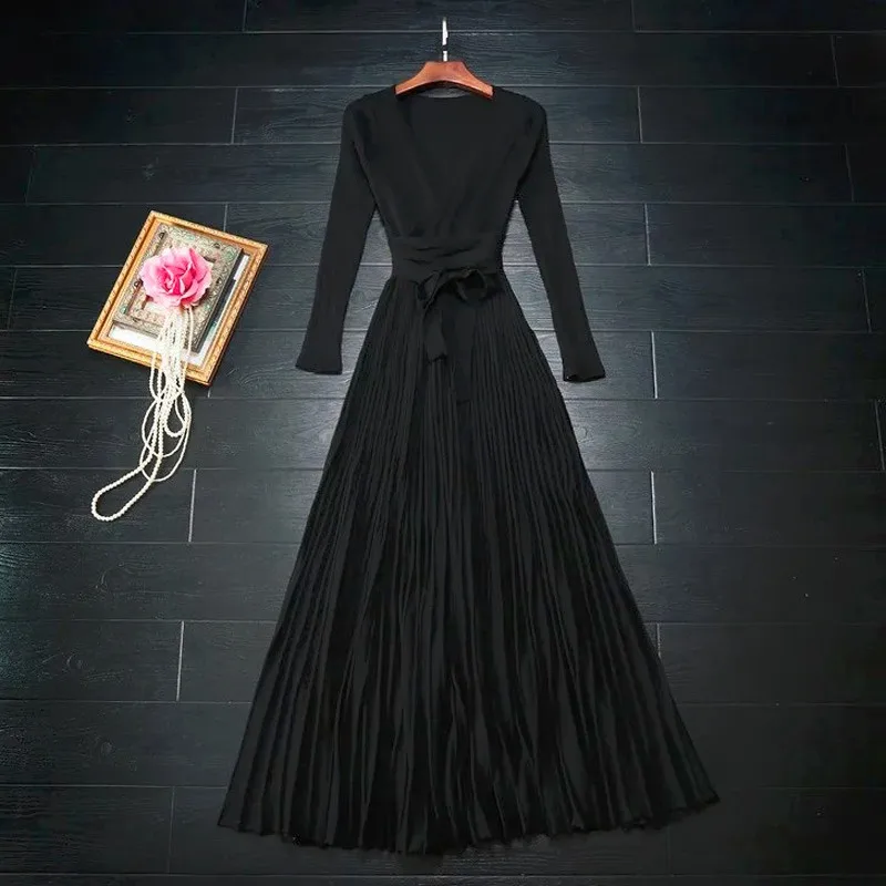 Женское платье, Новое поступление, черное/бордовое/фиолетовое, трикотажное платье, сексуальное, глубокий v-образный вырез, галстук, пояс, длинный рукав, плиссированное, макси платье