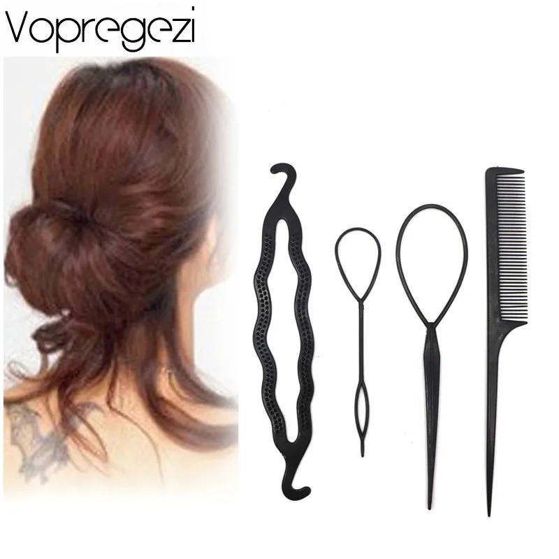 Vopregezi 4 قطع المهنية شعر مضفر أدوات للنساء إكسسوارات الشعر الأسود Hairbands ل تسريحات الشعر تصفيف الشعر أداة عدة