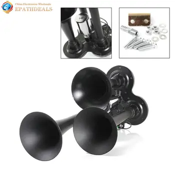 

Black Metal 150DB Ultra Loud Auto Car Compact Air Horn Kit 12V / 24V Motorcycle Boat Triple Trumpet Horn with 3 Tone Sound