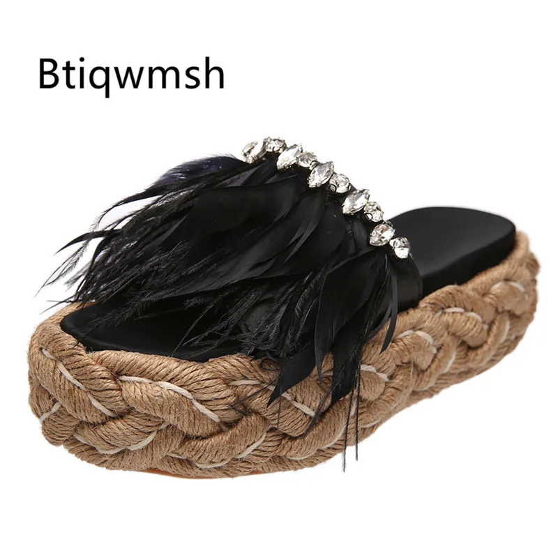 

2019 Feather Platform Sandals Woman Peep Toe Rhinestone Luxury Satin Wedges Sandals Women Fashion Slippers