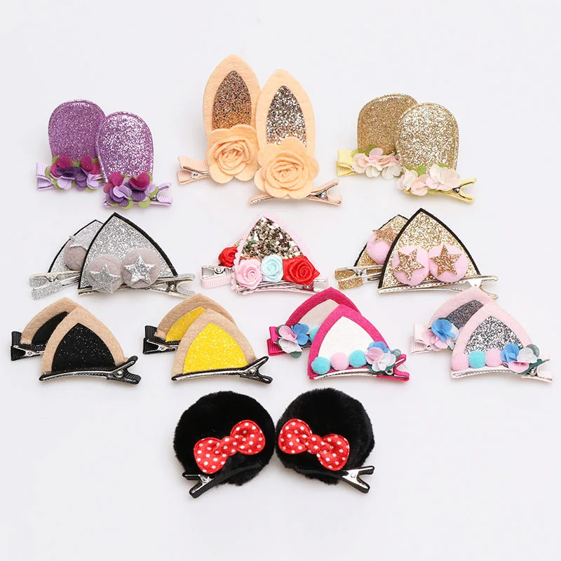 

2pcs New Stereo Double Cat Ears Clip With Sequins Ears Girls Hair Clips Cute Rabbit Ears Shape Hairpins in Kids Hair Accessories