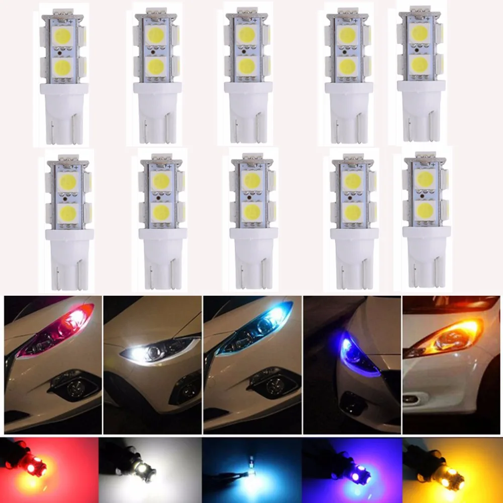 

10pcs T10 194 168 168NA 175 2825 W5W 5050 9-SMD Interior Car LED License Plate Lights Side Reverse Door Courtesy Dome Map Lights