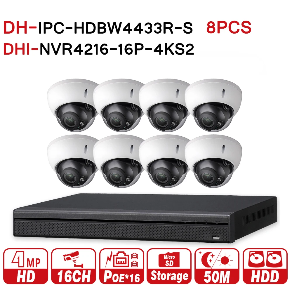 

DH Security CCTV Camera Kit 16POE 4K NVR4216-16P-4KS2 8Pcs IP Camera IPC-HDBW4433R-S P2P Surveillance System Easy To Install