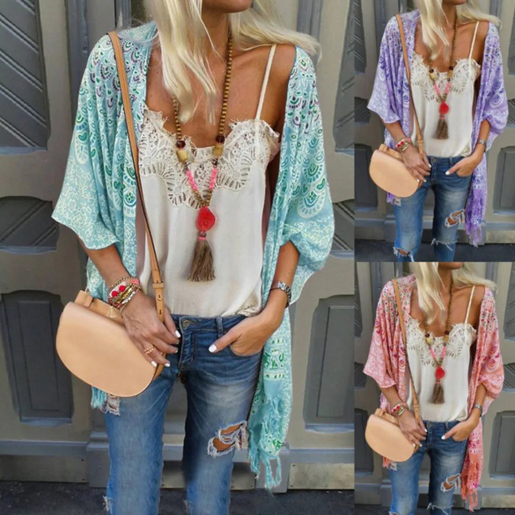 

Boho Vintage Print Womens Floral Green Pink Purple Loose Tessels Short Sleeve Shawl Kimono Cardigan Chiffon T-Shirts Tees Shirts