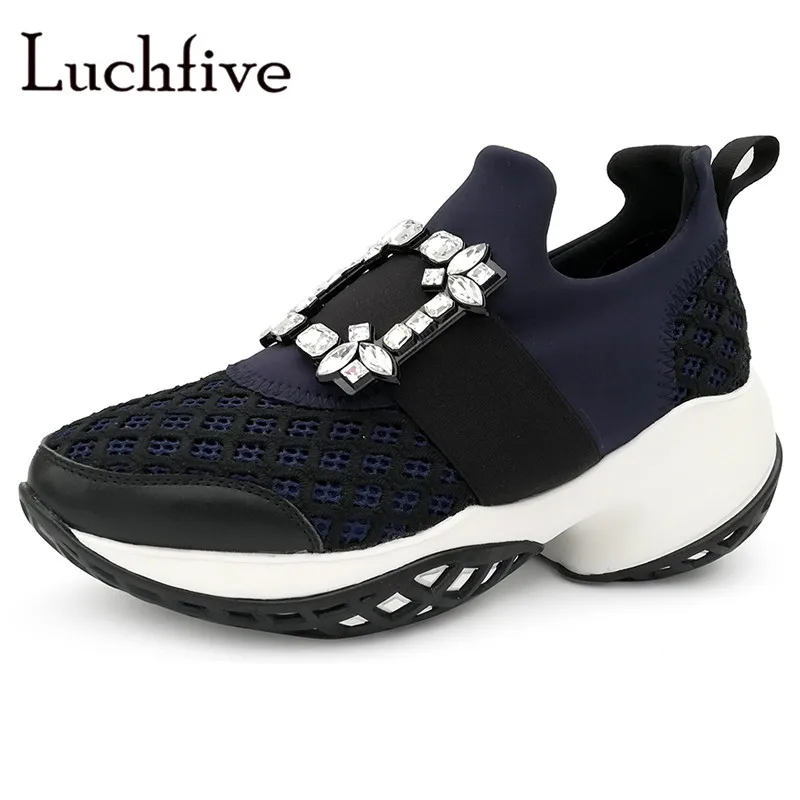 

Rhinestone Air Mesh Casual Shoes Woman Genuine leather High wedges Platform Shoes Black Round toe Slip on Crystal Shoes Woman