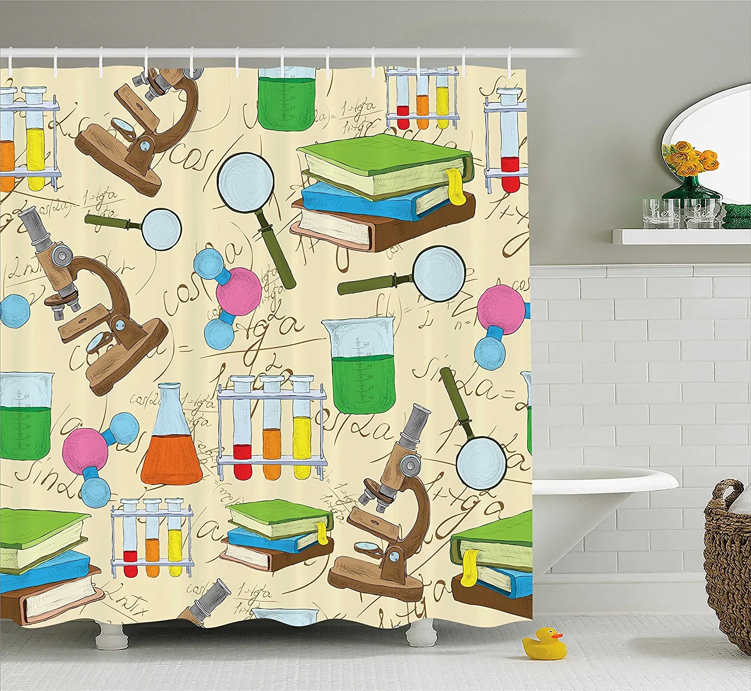 Kids Room Decor Shower Curtain Science Education Lab Sketch Books