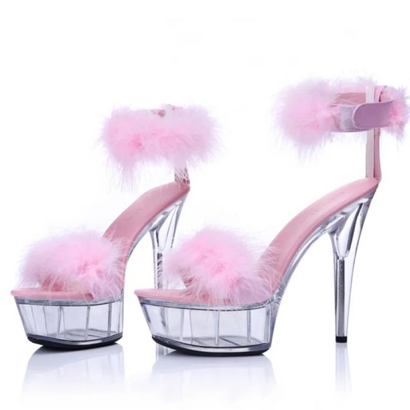 

Fur Platform Sandals Crystal 15cm High Heels Summer Shoes Woman Transparent Women Shoes Clear Heel Peep Toe Ladies Shoe Big Size