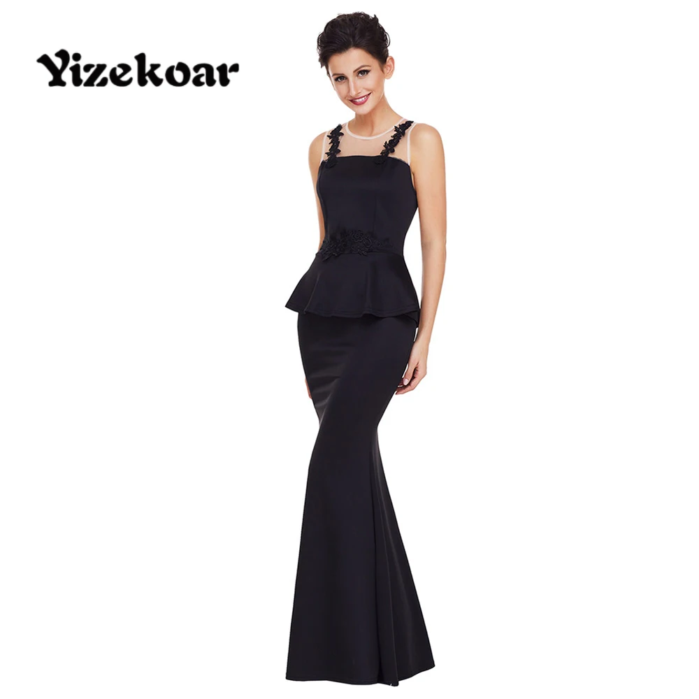Yizekoar 2018 новые элегантные длинные макси платье черный тонкий Floral Applique Mesh Вставить
