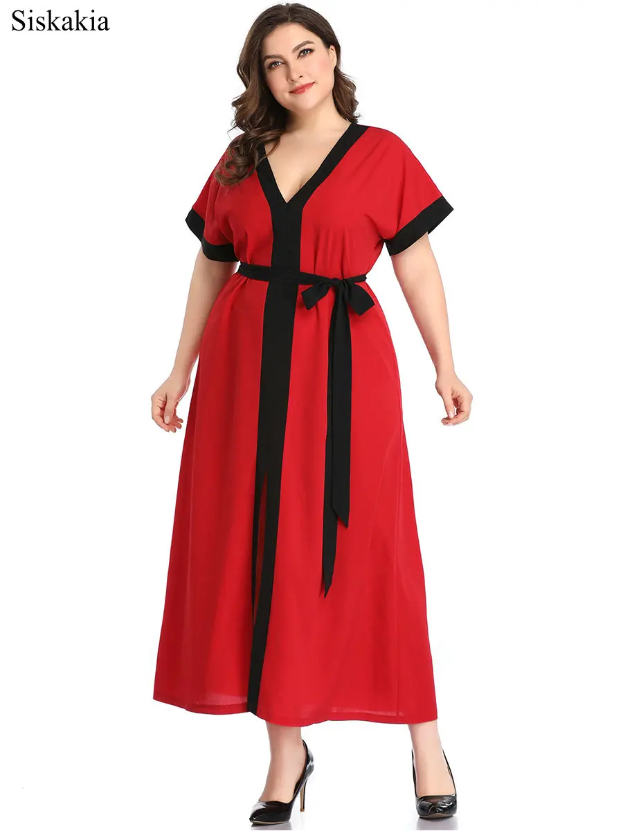 Siskakia Summer Maxi Dress For Women Stripe Color Block Patchwork Front Split Plus Size Female Party Dresses With Belt 2019 New  (5)