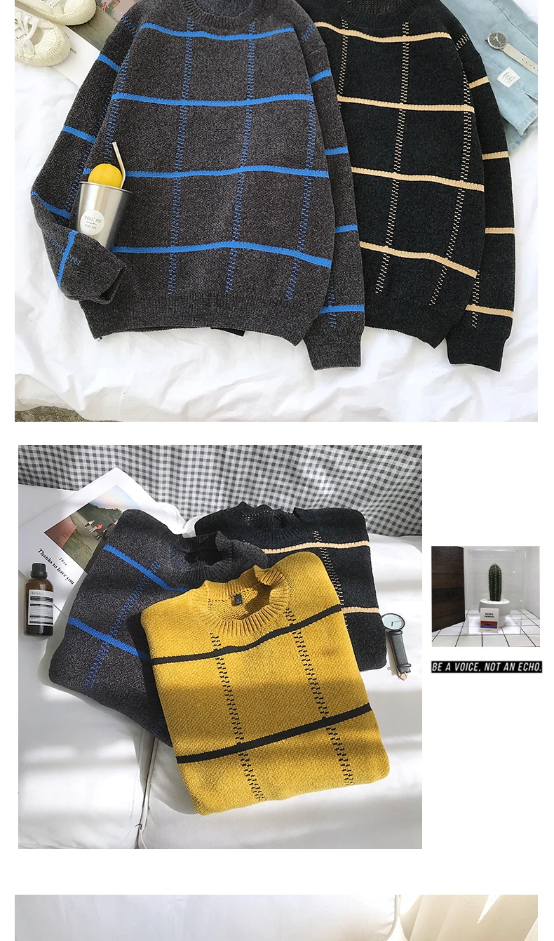 Новинка, Осенний клетчатый свитер в стиле хип-хоп, мужские повседневные свободные свитера с круглым вырезом, вязаные пуловеры для мужчин, 3XL