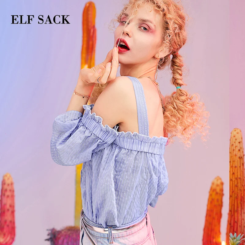 Женская блузка с вырезом лодочкой ELFSACK розовая в полоску рукавами фонариками