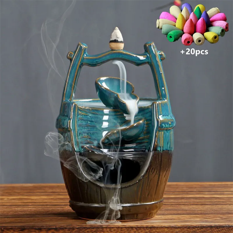 

Ceramic Handicraft Ornaments Waterfall Backflow Incense Burner Home Office Decor Incense Censer Holder +20pcs Incense Cones