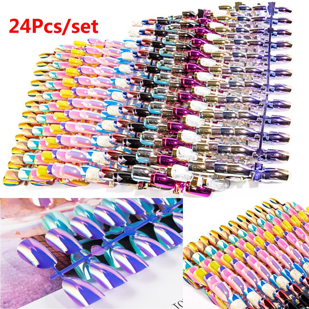 

24pcs Short False Nails Full Cover Stiletto Coffin Fake Nails ABS Artificial Tips Fashion Nail Art Decorations Women Nail Makeup