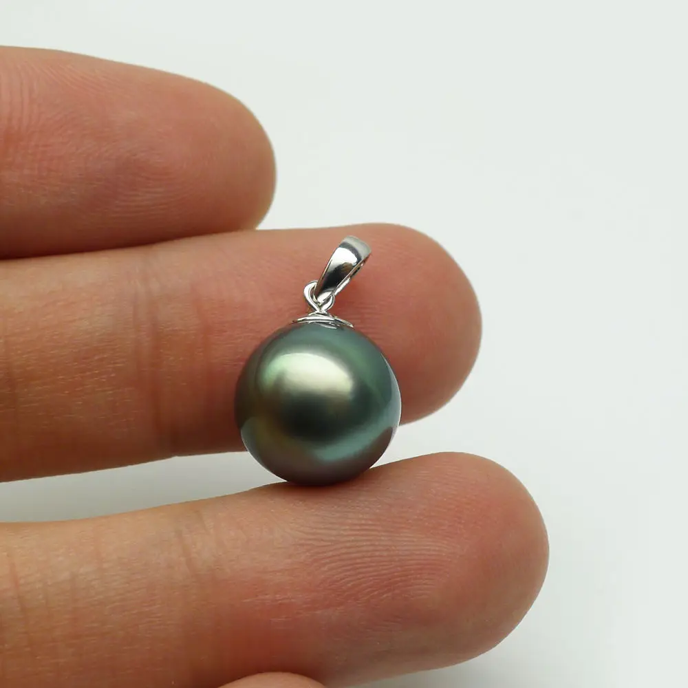 

FREE SHIPPING 11.6MM Natural Green Real Tahitian Cultured Pearl Pendant 14 Solid White Gold