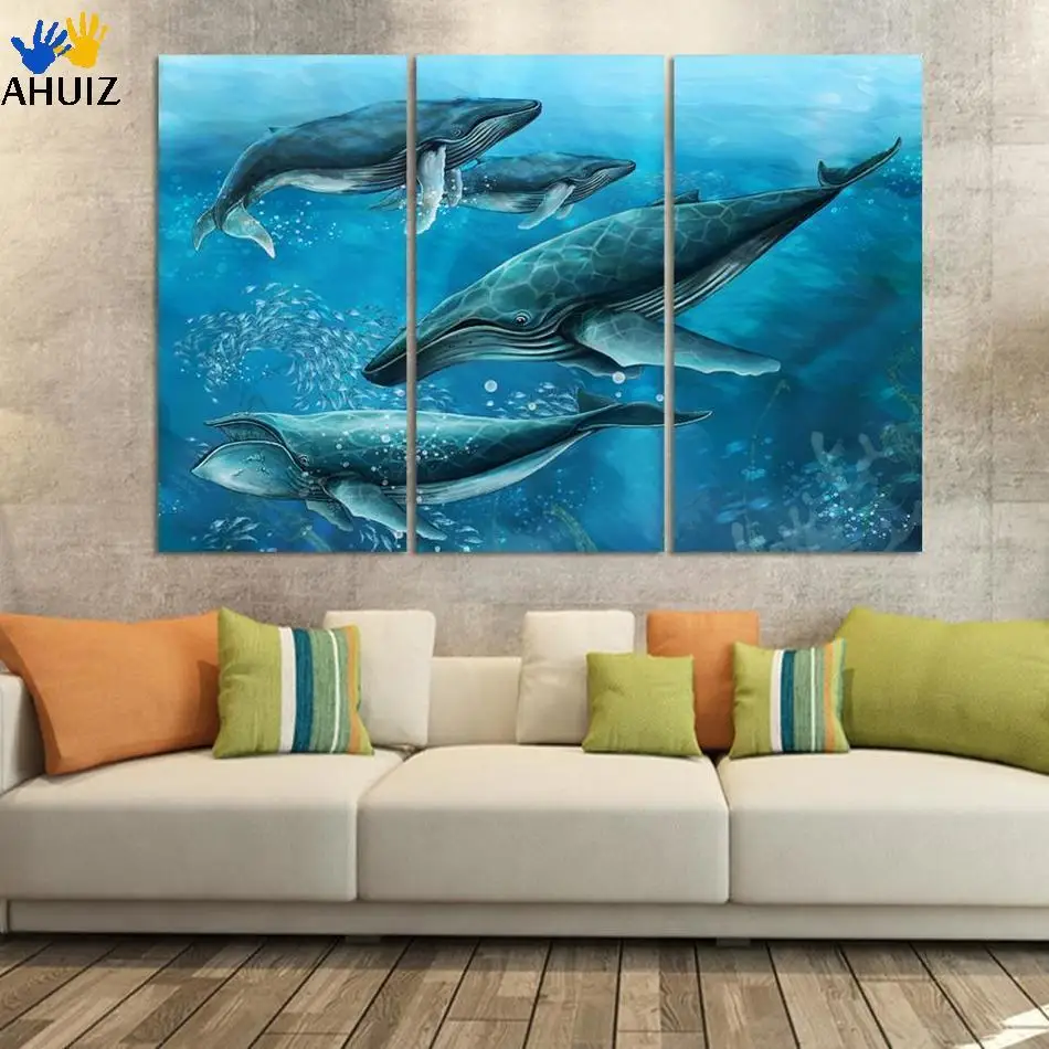 

3 Pieces Wall Art Painting four Sharks in Blue Sea Seabed Fish Print On Canvas The Picture Animal home decor for kid bed room