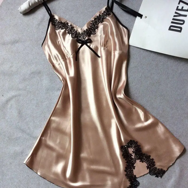 Женское сексуальное шелковое кружевное платье-халат ночная рубашка - Цвет: Золотой