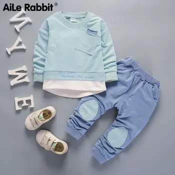 

AiLe Rabbit 2019 children's clothes set Boys Girls Spring Autumn Long Sleeve Top Pants 2 Piece Set Pocket Decoration 3 color
