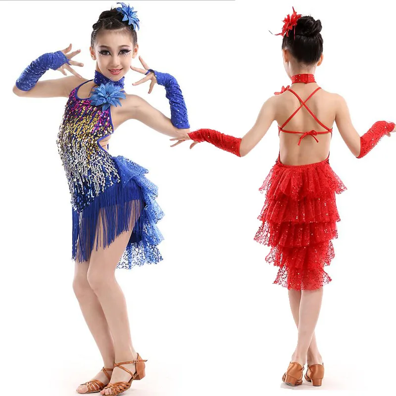 Girls Sequined tassel latin Salsa dancing dress Kids fringe costumes Suits Ballroom modern Stage salsa Outfits with headwear