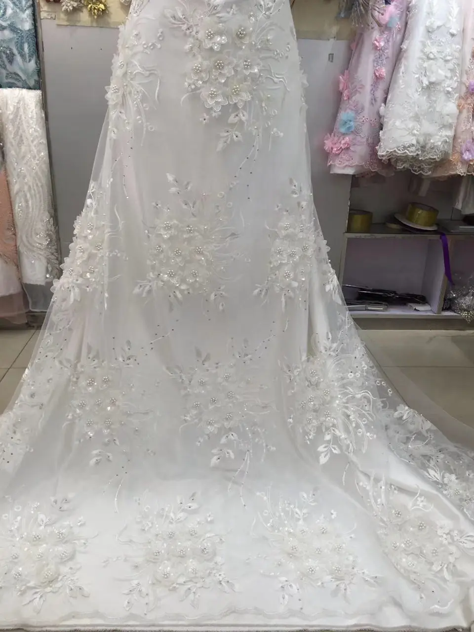 

Plain white bridal tulle lace African french net sewing fabric with lots of Beads stones sequins top quality 5yard IG796
