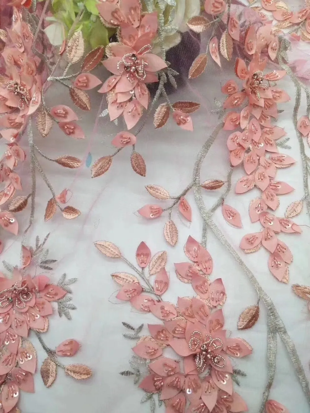 

1 yard peach pink 3d lace fabric with 3d florals, French lace fabric for haute couture, heavy beading lace fabric with flowers