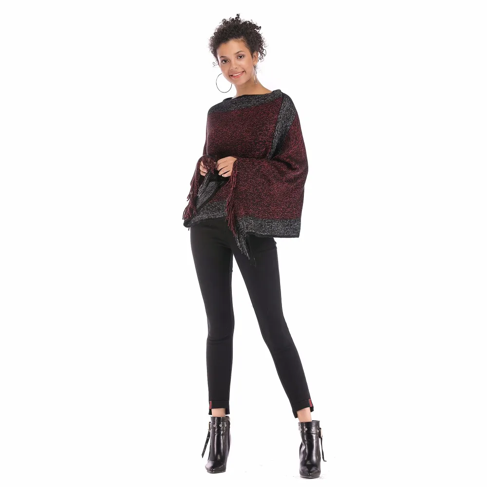 PGSD Autumn Winter simple Fashion Women Clothes Spliced Slash neck Fringed Cape shawl Bat sleeve knitted Loose Pullover female PGSD Autumn Winter simple Fashion Women Clothes Spliced Slash neck Fringed Cape shawl Bat sleeve knitted Loose Pullover female