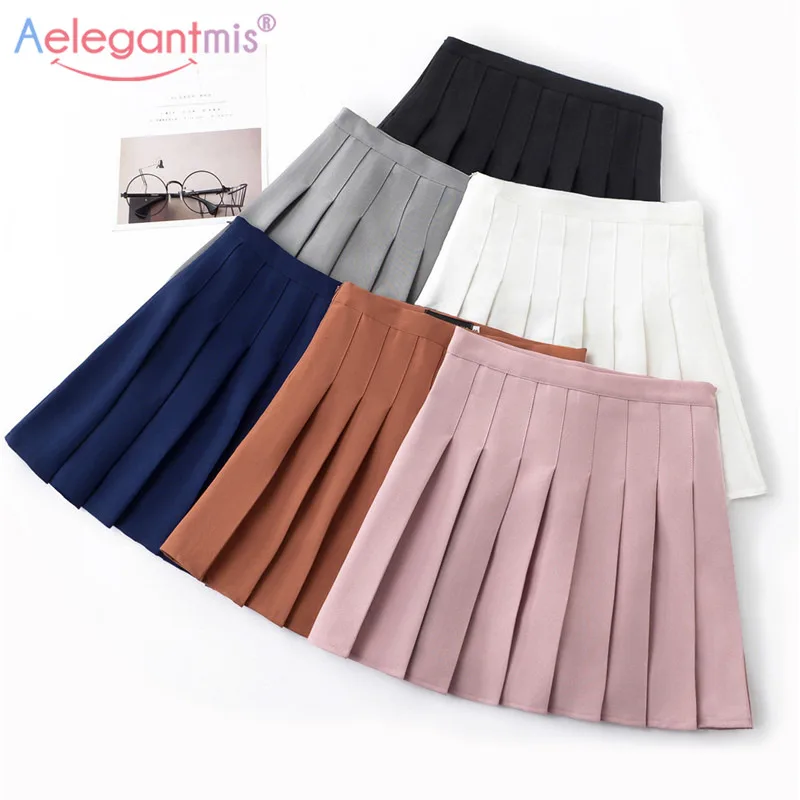 

Aelegantmis 2018 New High Waist Pleated Skirt Women Lolita Harajuku Ball Skirts Girl Mini A-line Sailor Skirt School Uniforms