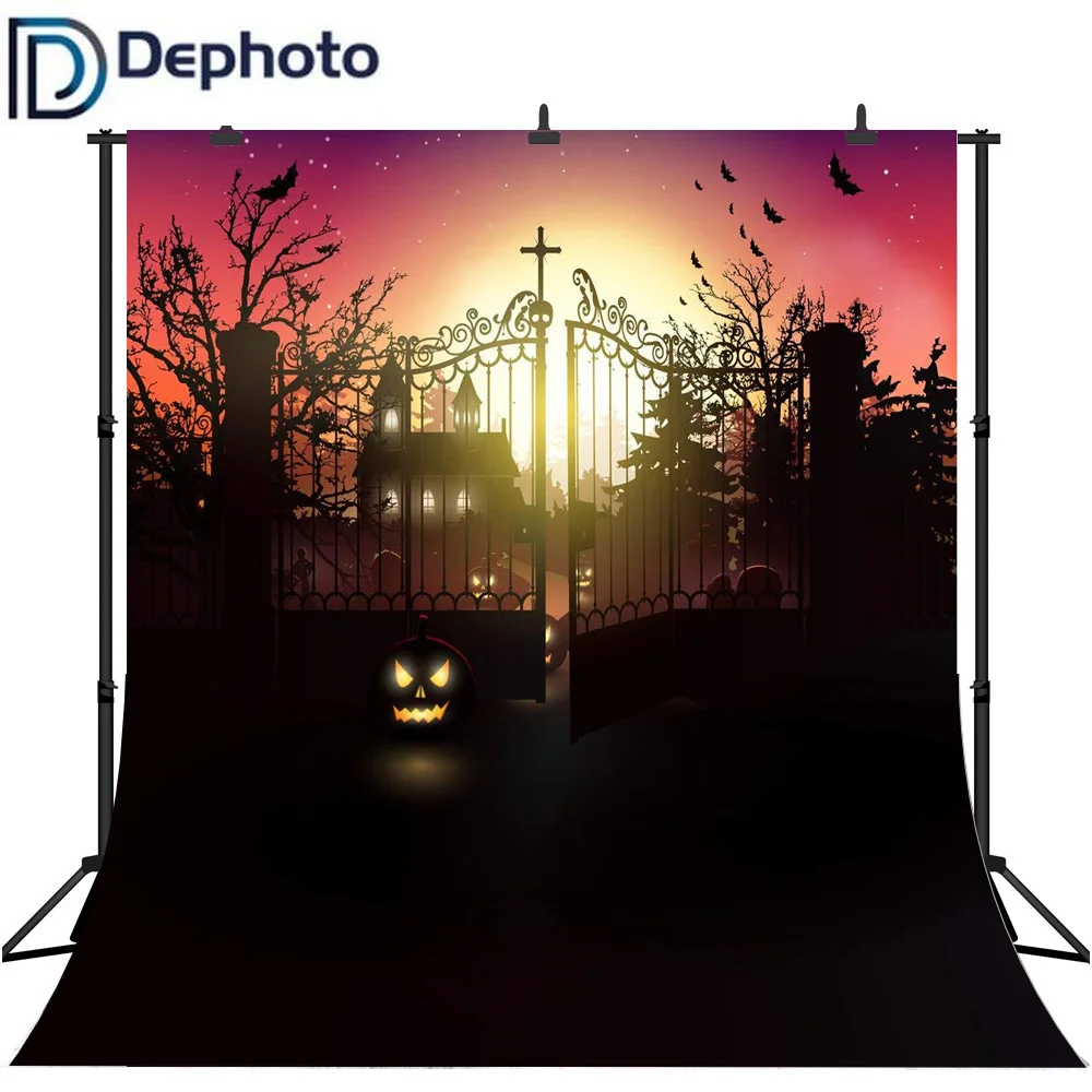 

Dephoto Seamless Halloween Photography Backdrop pumpkin Castle Bats Street lamps Background for photo studio for a photo shoot