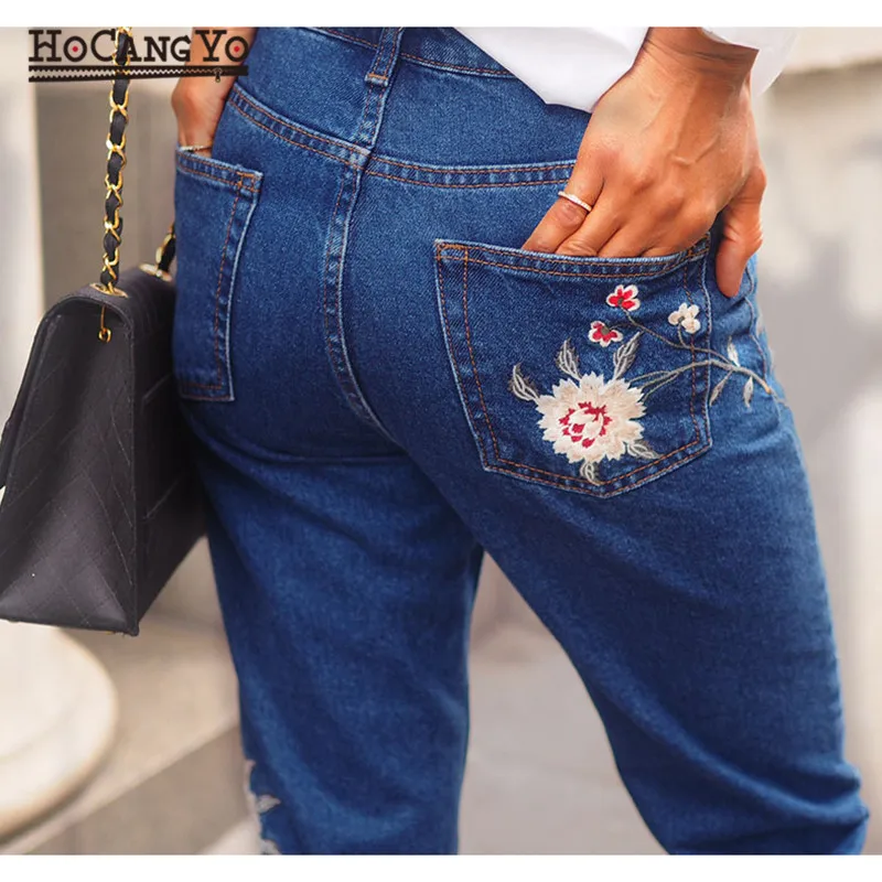 HCYO Women High Waist Jeans Embroidery Slim Ripped Jeans for Women Denim Pants Dark Blue Women's Pants Jeans Casual Skinny Jean Jeans