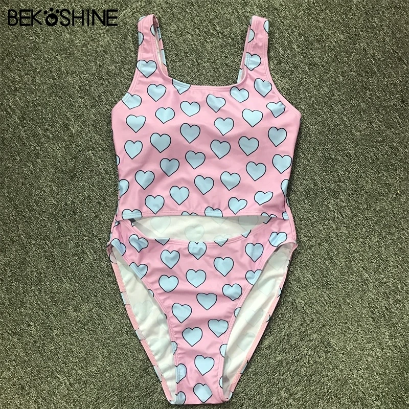 BEKOSHINE 1 PC Bikini Set High Waist Swimwear Pad Push Up Biquini Pink Swimsuit Neck Bathing Suit Women 2018 New |