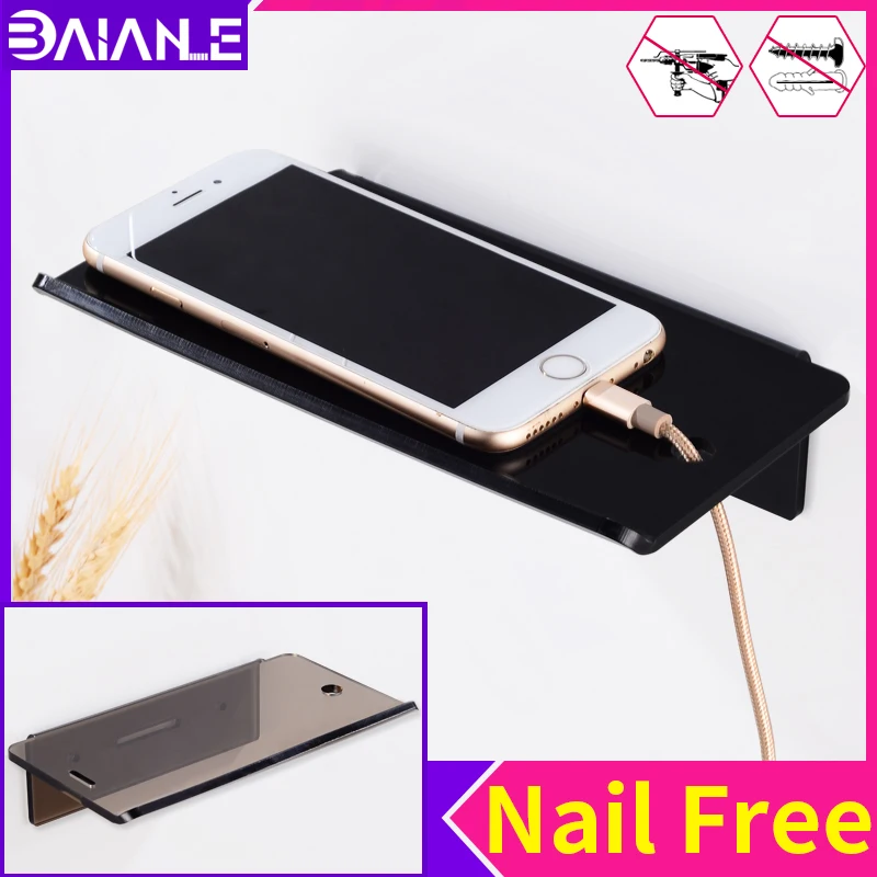 

Bathroom Shelf Corner Mobile Phone Charing Holder Black Paper Holder Wall Mounted Nail Free Plastic Shelves Shower Storage Rack