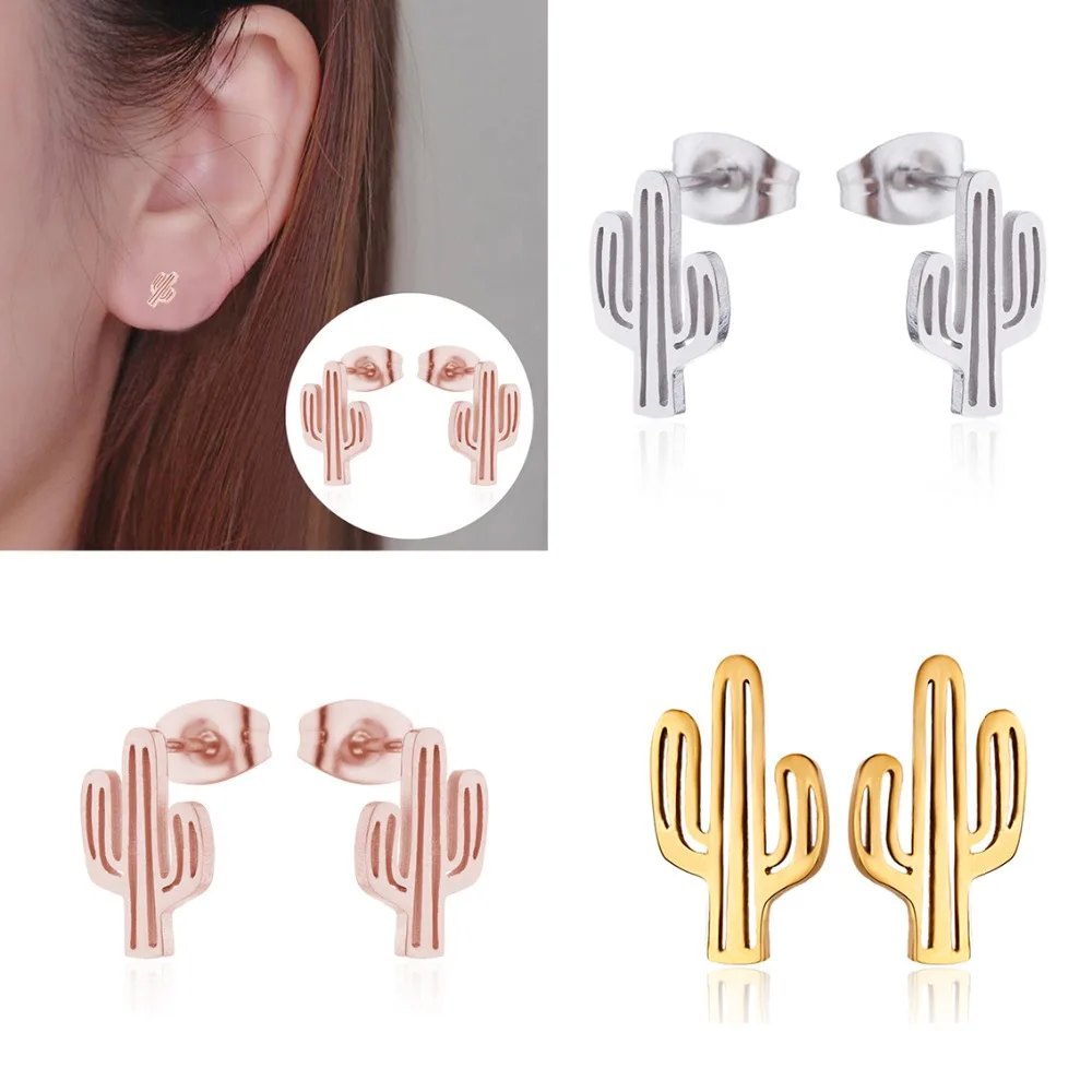Новые модные милые серьги-гвоздики в форме растения женские ювелирные изделия в стиле минимализма цвет серебристый, Золотой Нержавеющая сталь серьги «кактус» для Для женщин подарок для девочек