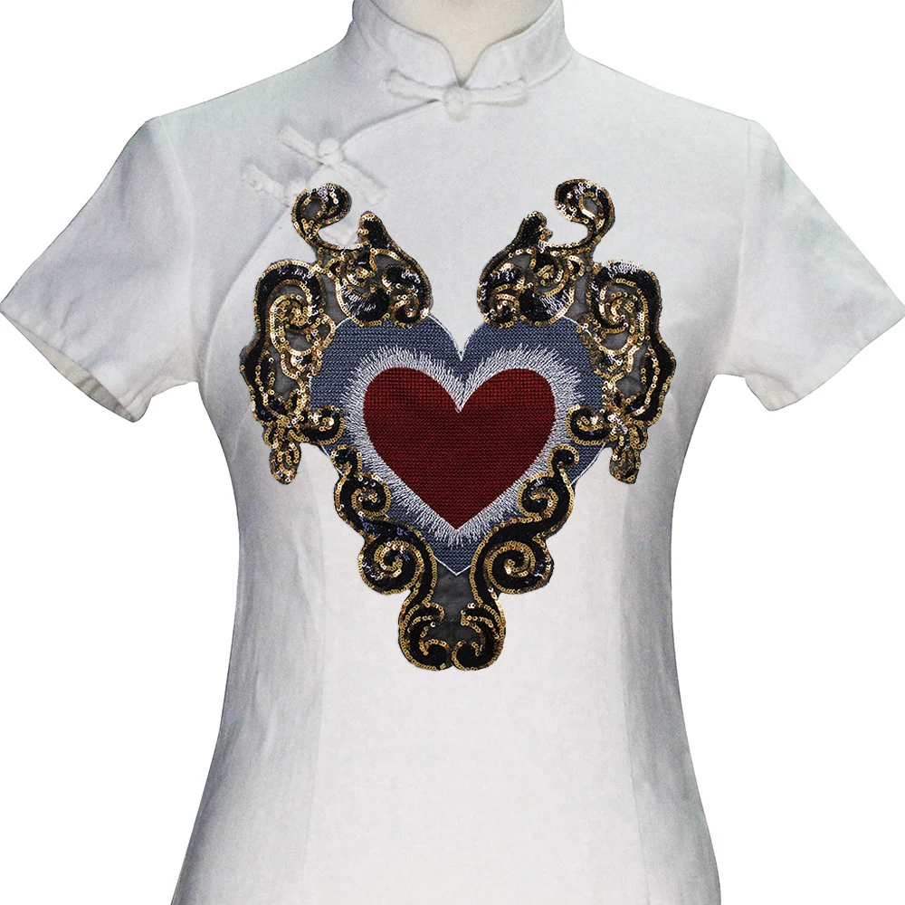 

TH684 Red Heart Floral Applique Gold Sequins Embroidery Applique Patches DIY Sewing Apparel Accessories 1PC